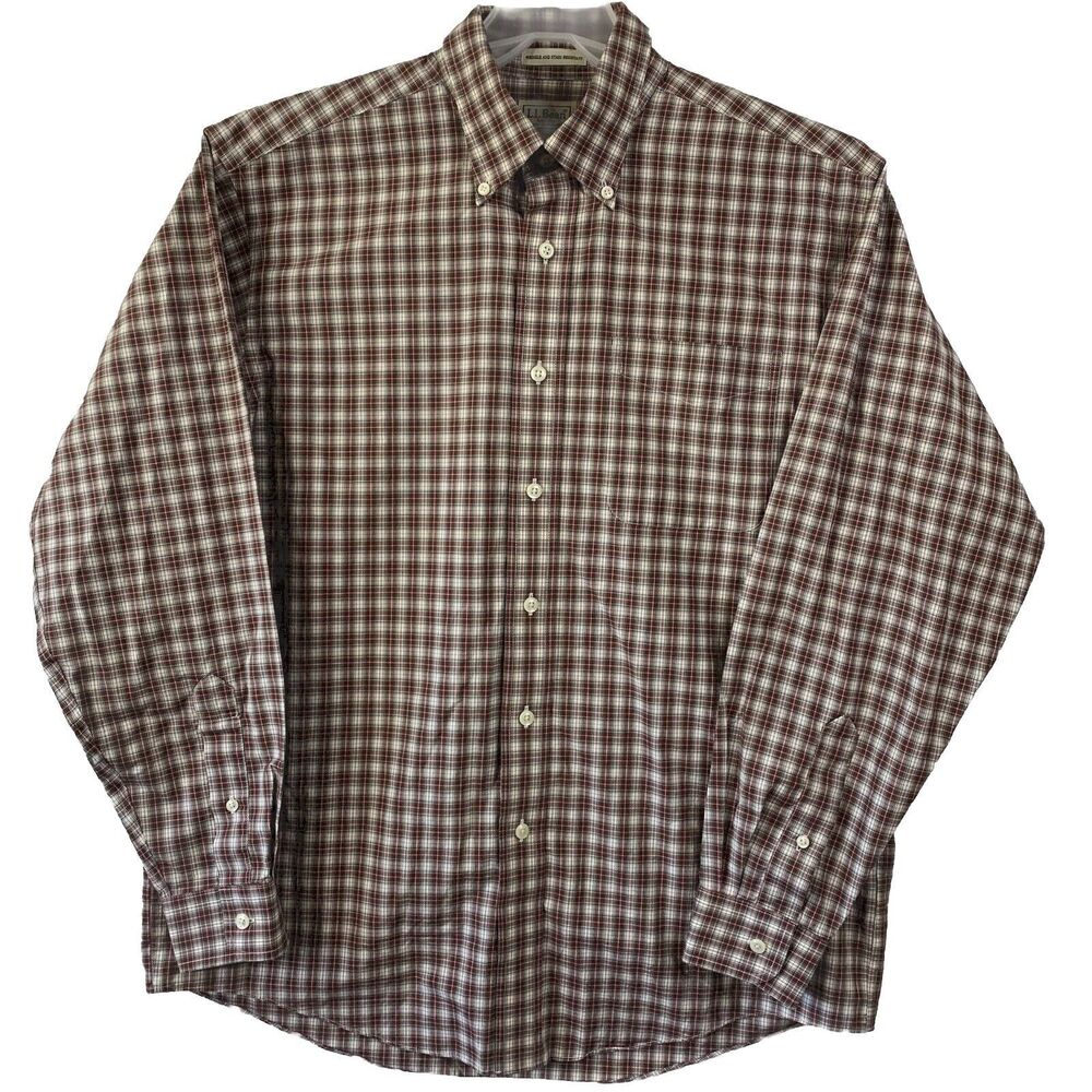 LL Bean Plaid Shirt Men M Reg Wrinkle Stain Resistant Cotton Button Down Pocket